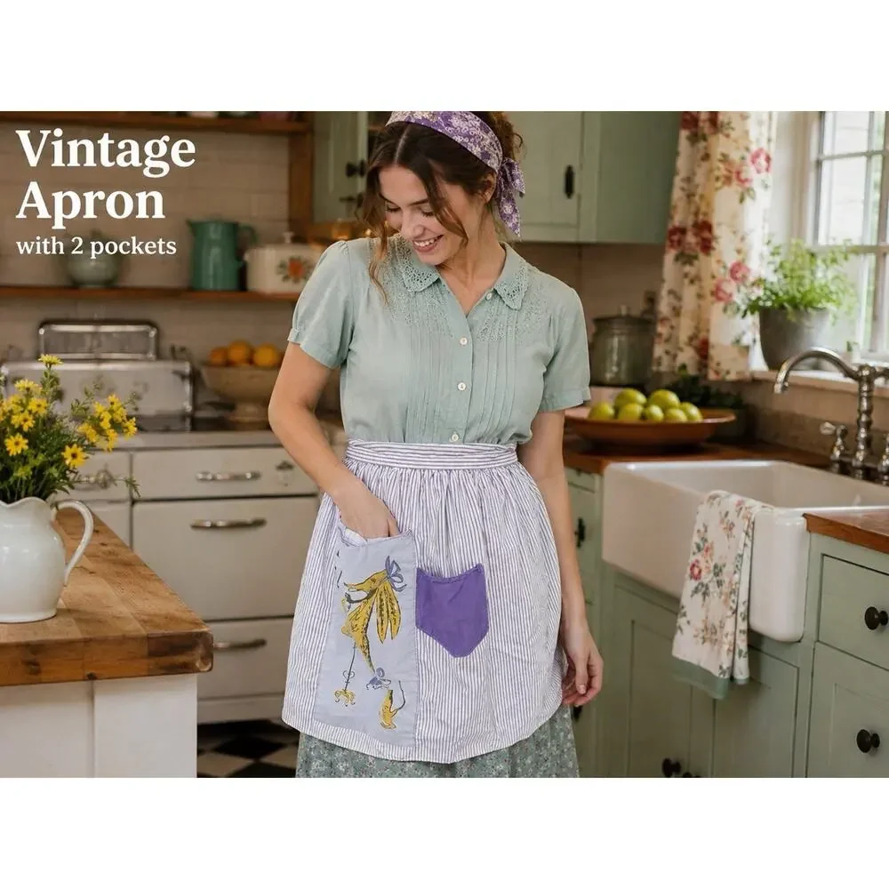 Vintage Novelty Half Apron with 2 pockets 2 tie strings 1950s 1960s handcrafted